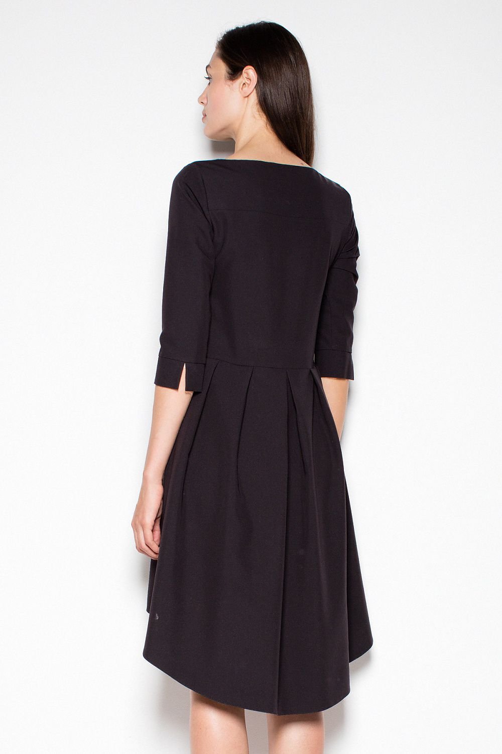 SHIRLYN Asymmetric Back Boat Neck Dress - 3/4 Sleeves & Pleats