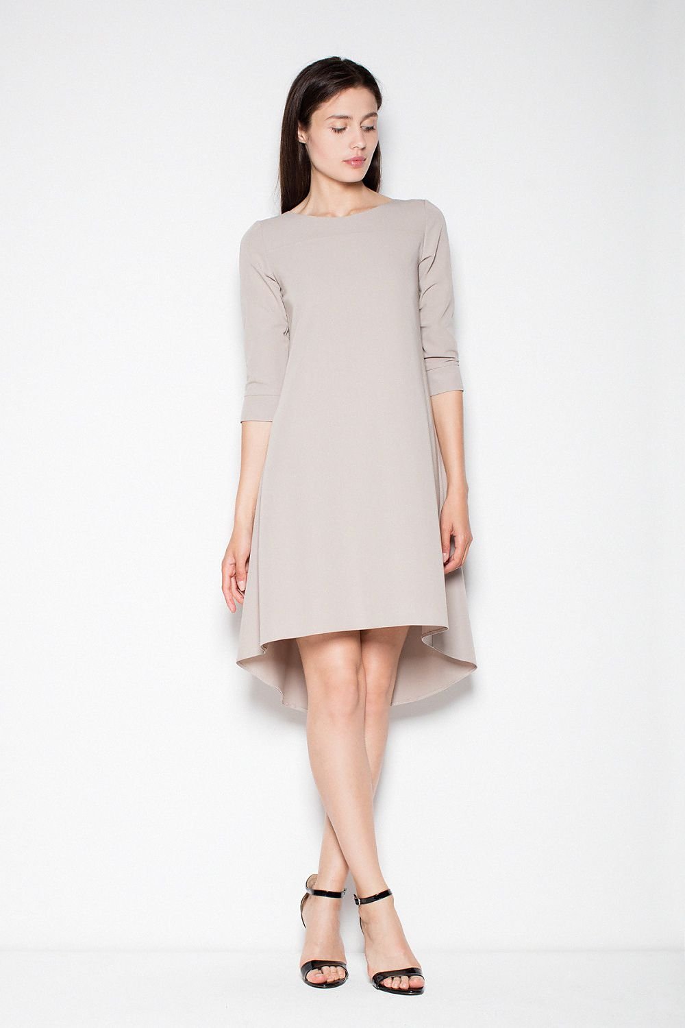 SHIRLYN Asymmetric Back Boat Neck Dress - 3/4 Sleeves & Pleats