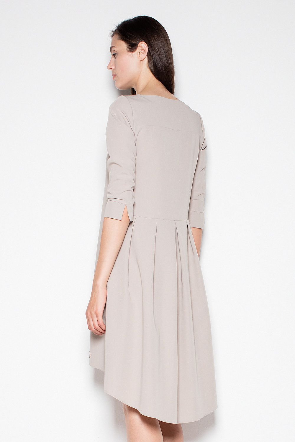 SHIRLYN Asymmetric Back Boat Neck Dress - 3/4 Sleeves & Pleats