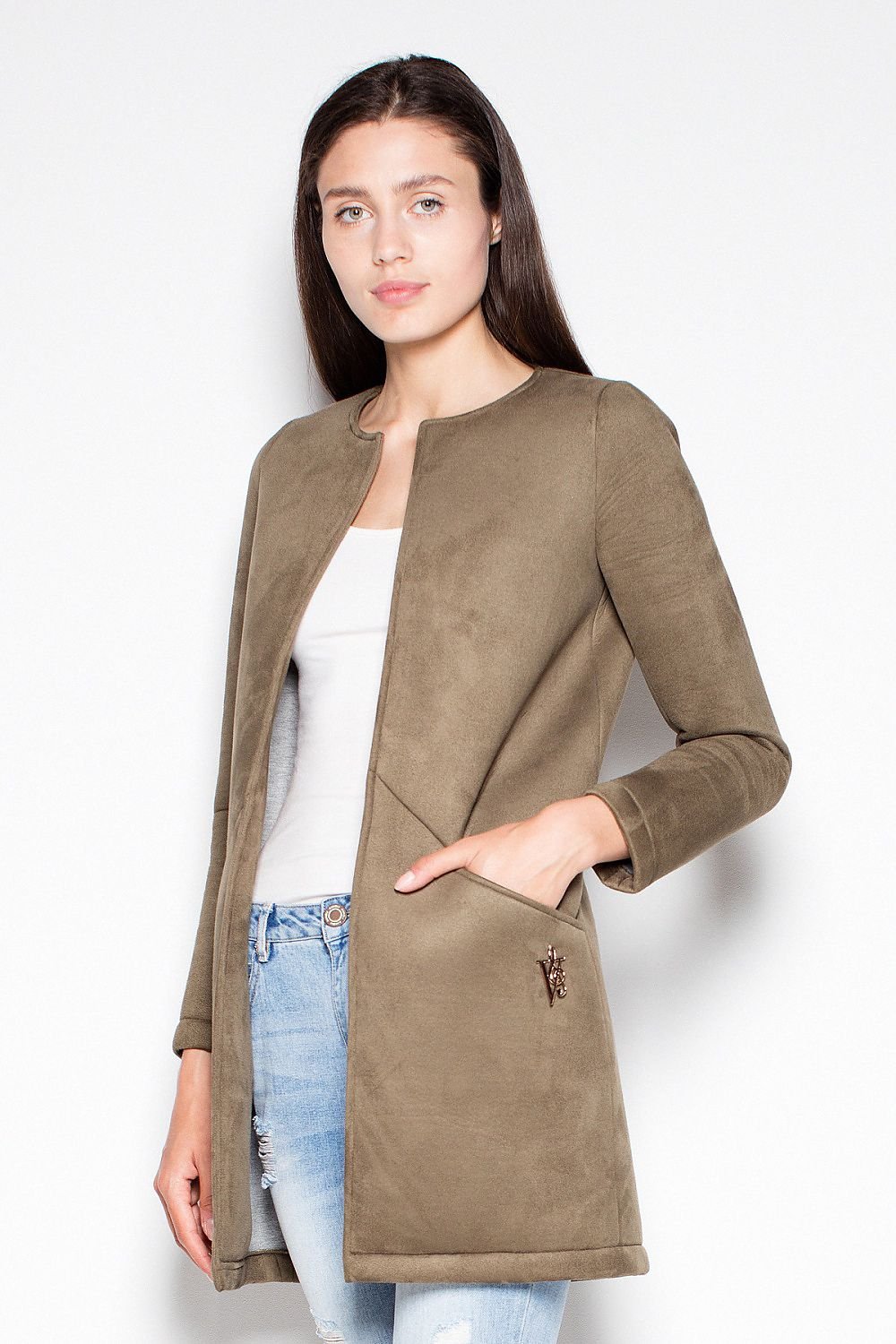 SHIRLYN Simple Unbuttoned Coat - Decorative Topstitching and Rolled Sleeves