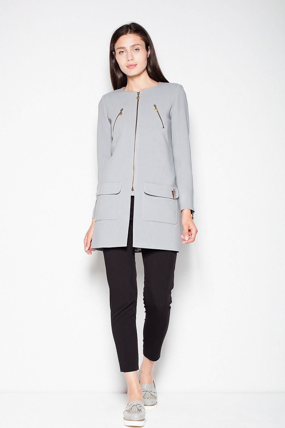 SHIRLYN Straight Cut Zipped Coat - Decorative Pockets and Zippers