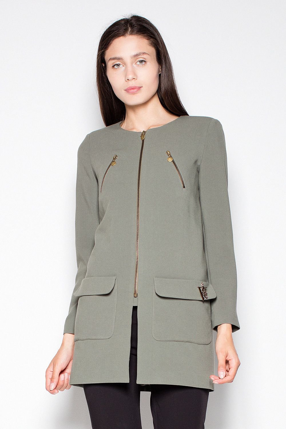 SHIRLYN Straight Cut Zipped Coat - Decorative Pockets and Zippers