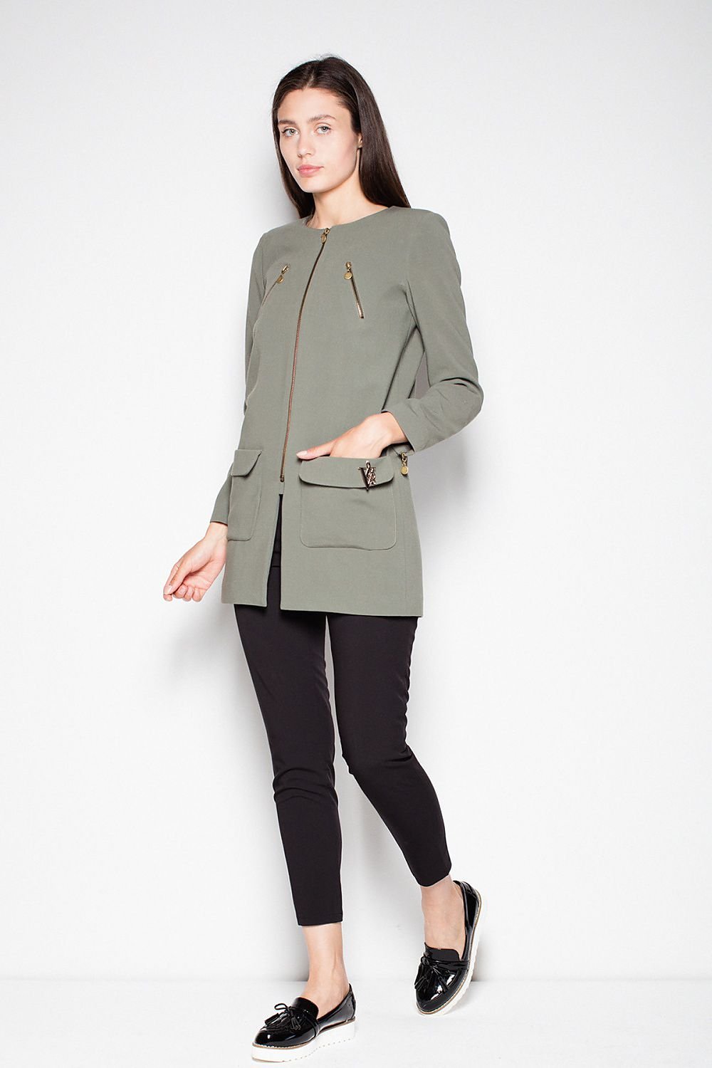 SHIRLYN Straight Cut Zipped Coat - Decorative Pockets and Zippers