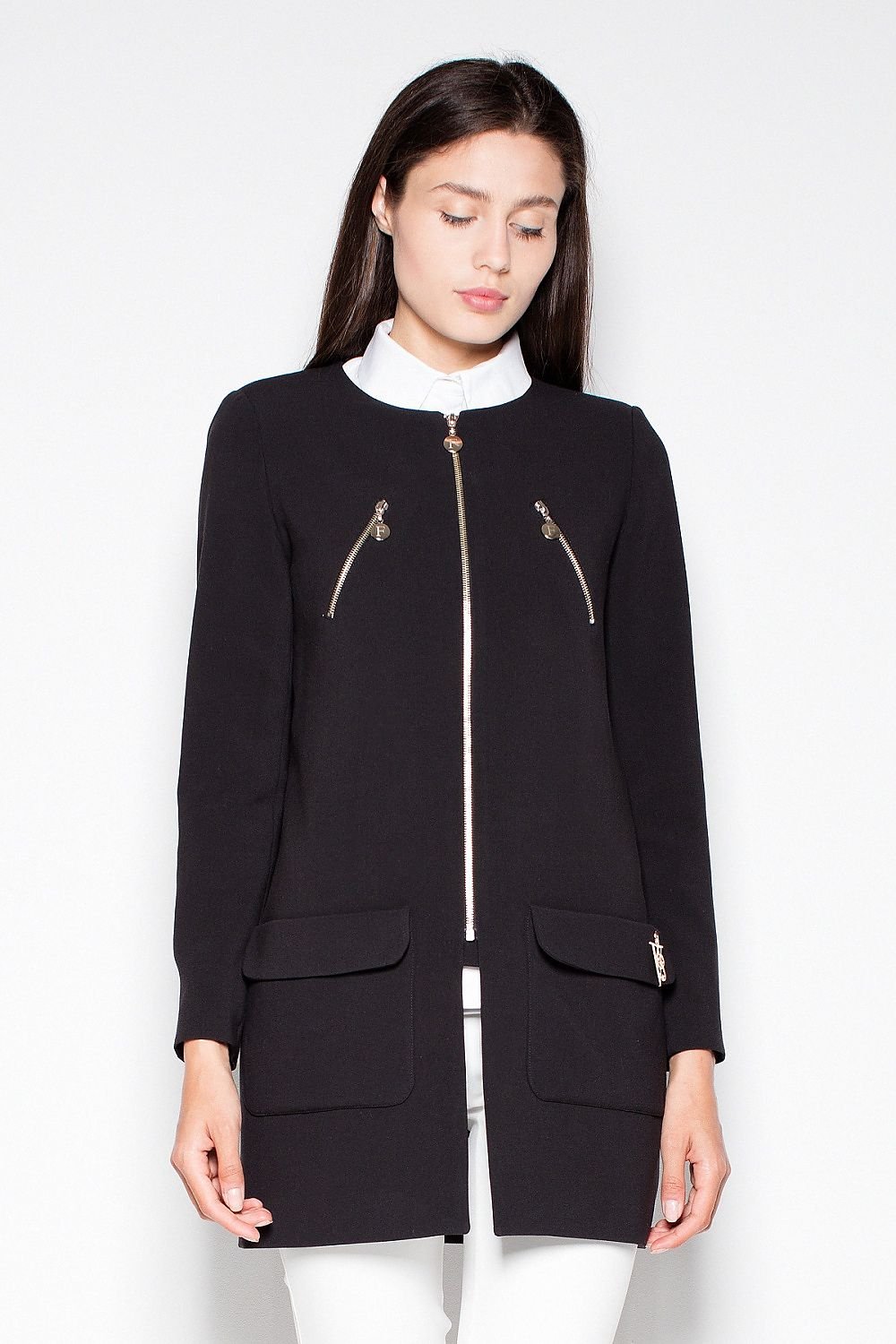 SHIRLYN Straight Cut Zipped Coat - Decorative Pockets and Zippers