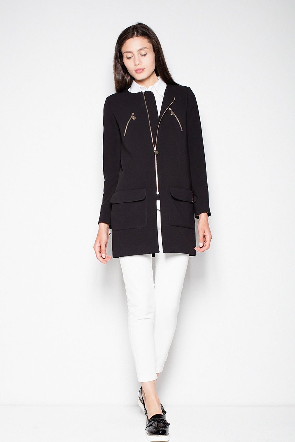 SHIRLYN Straight Cut Zipped Coat - Decorative Pockets and Zippers