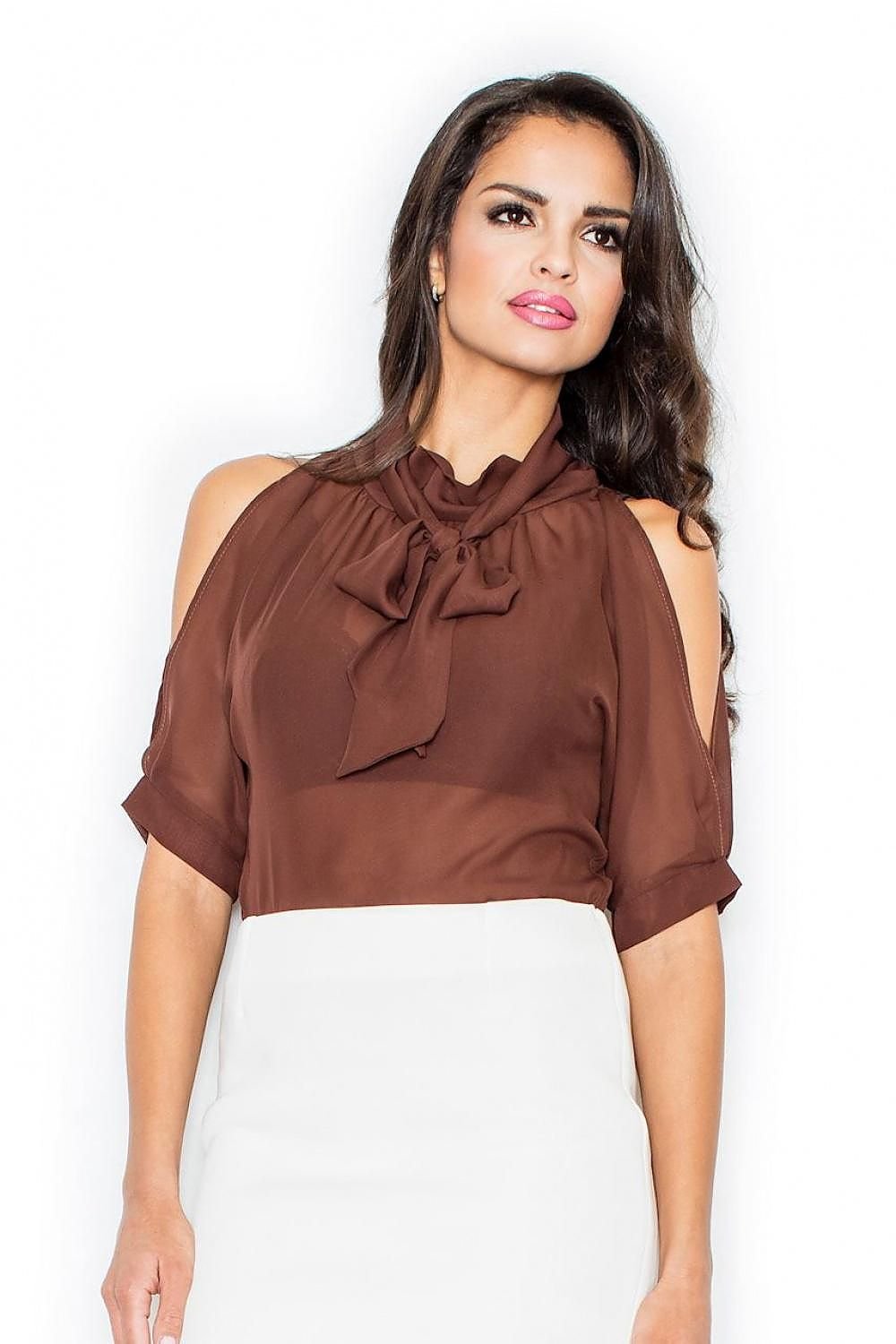 SHIRLYN 3/4 Sleeve Blouse - Shoulder Cut-Outs & Decorative Neck Tie