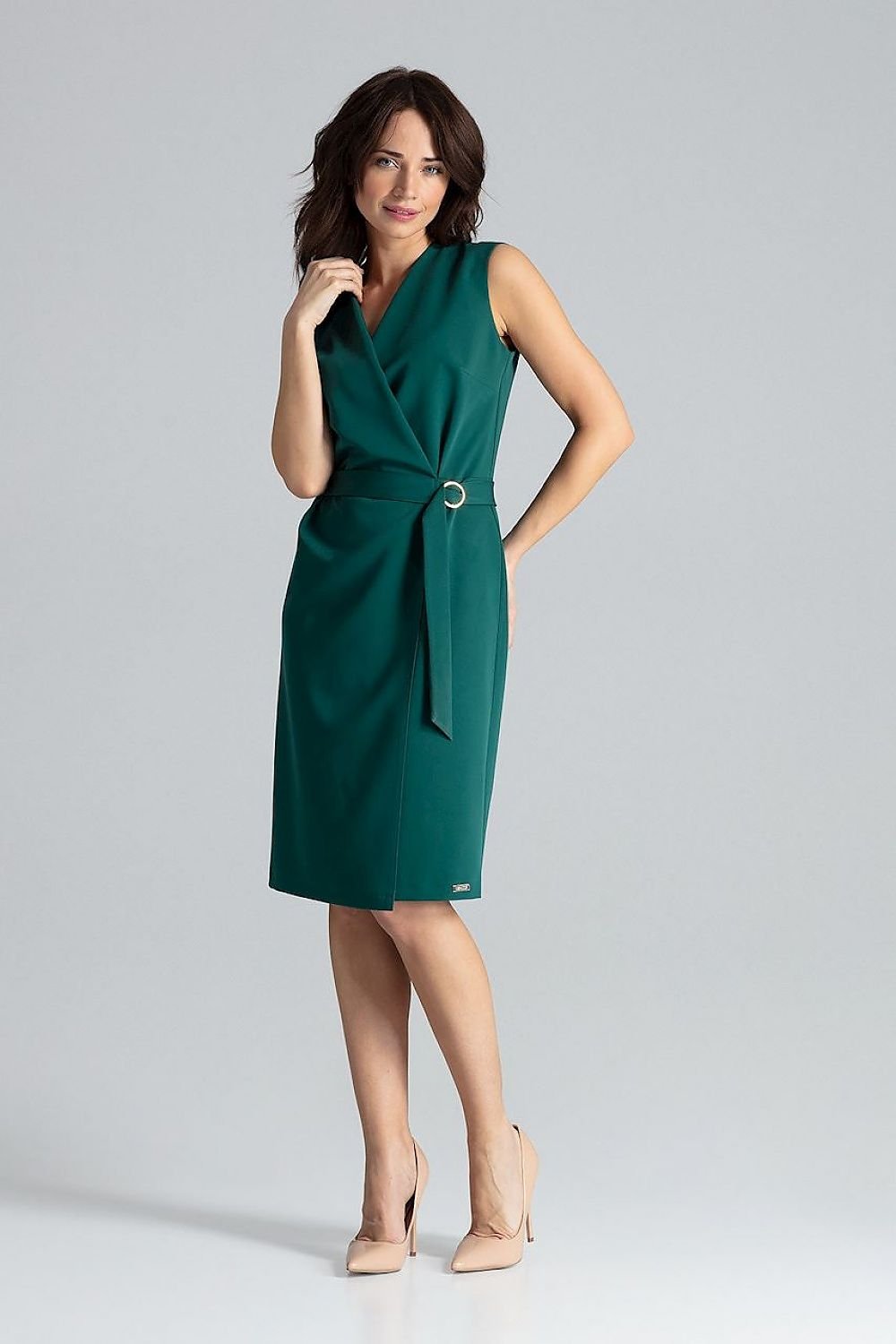 SHIRLYN Sleeveless Midi Dress with Belt and Gold Buckle