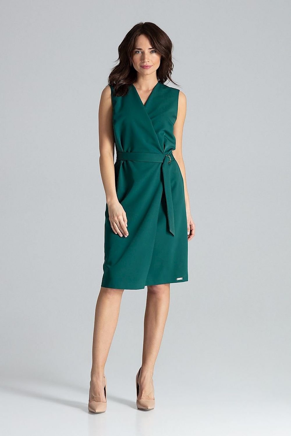 SHIRLYN Sleeveless Midi Dress with Belt and Gold Buckle