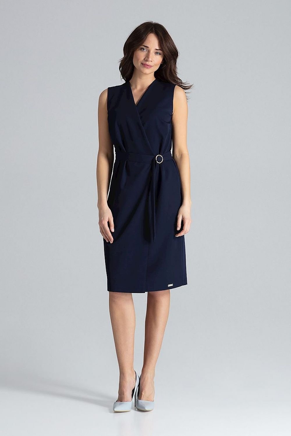 SHIRLYN Sleeveless Midi Dress with Belt and Gold Buckle