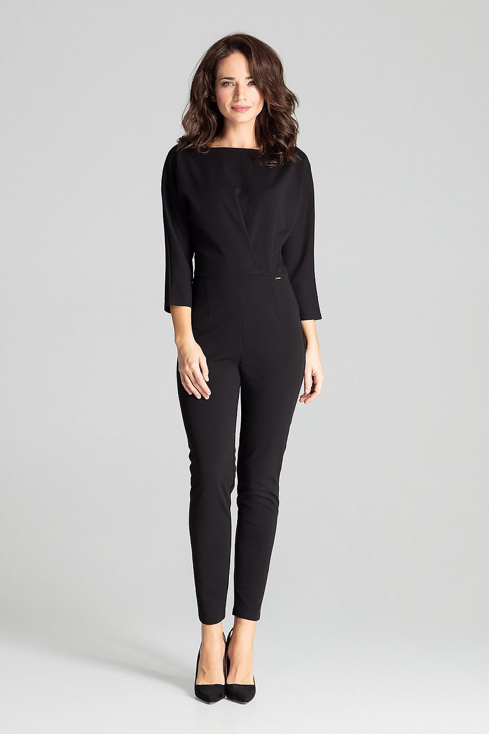 Black 3/4-sleeved jumpsuit with semi-circular neckline and kimono sleeves.