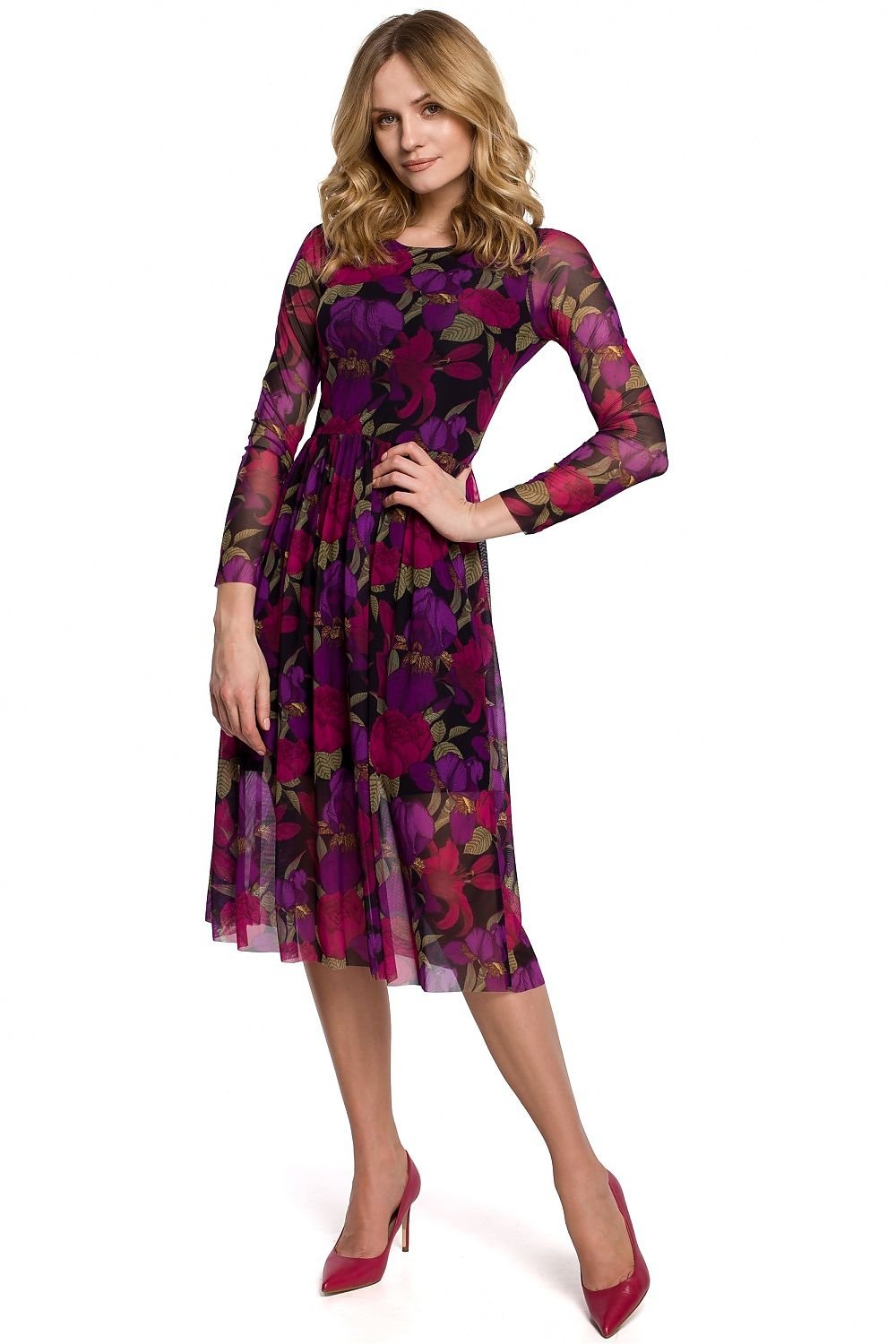 SHIRLYN Airy Floral Mesh Dress with Flared Crinkled Bottom