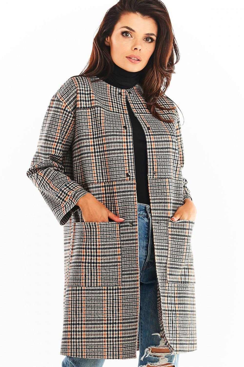 SHIRLYN Women's Straight Cut Coat, Checkered Design, Press Studs, Autumn Fashion