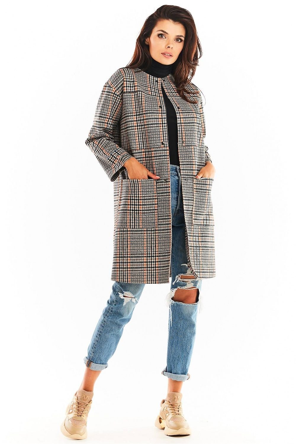 SHIRLYN Women's Straight Cut Coat, Checkered Design, Press Studs, Autumn Fashion