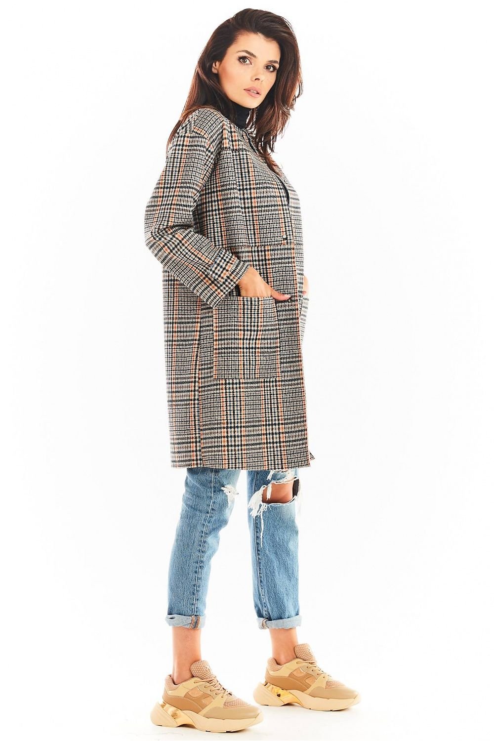 SHIRLYN Women's Straight Cut Coat, Checkered Design, Press Studs, Autumn Fashion