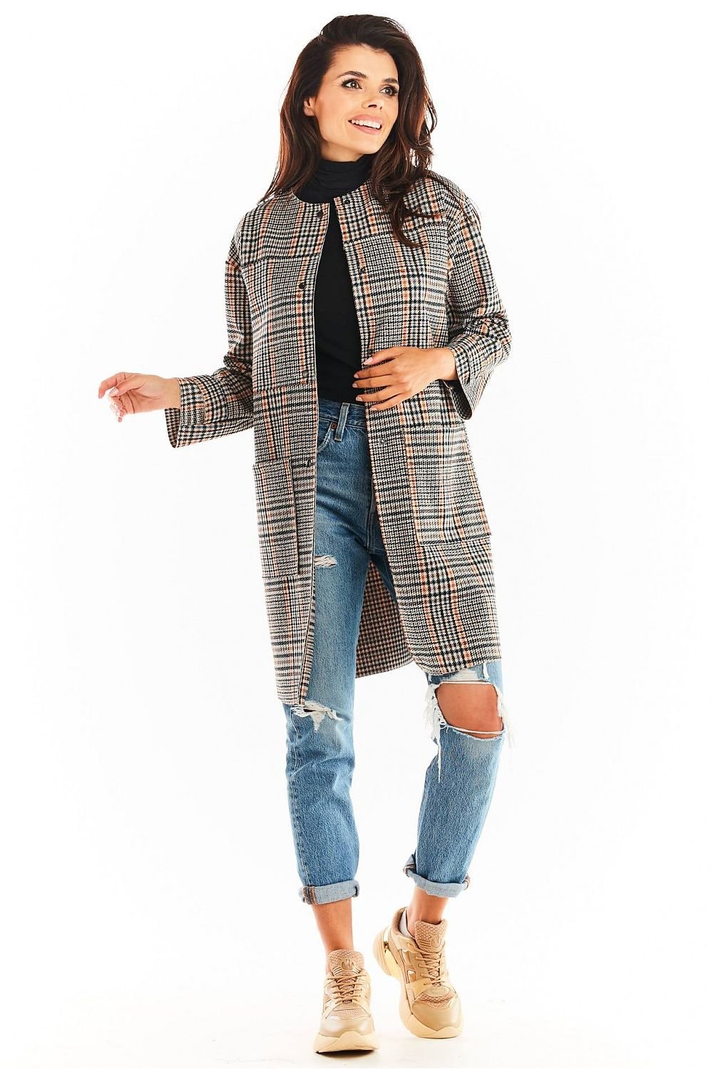 SHIRLYN Women's Straight Cut Coat Press Studs, Checkered Design Autumn Fashion