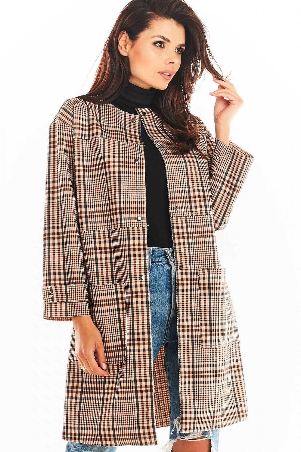 SHIRLYN Women's Straight Cut Coat Press Studs, Checkered Design Autumn Fashion