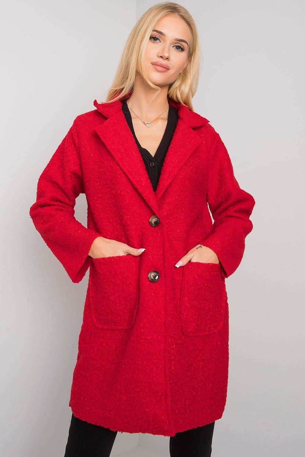 SHIRLYN Red Bouclé Coat - Button Closure, Slip Pockets for Autumn