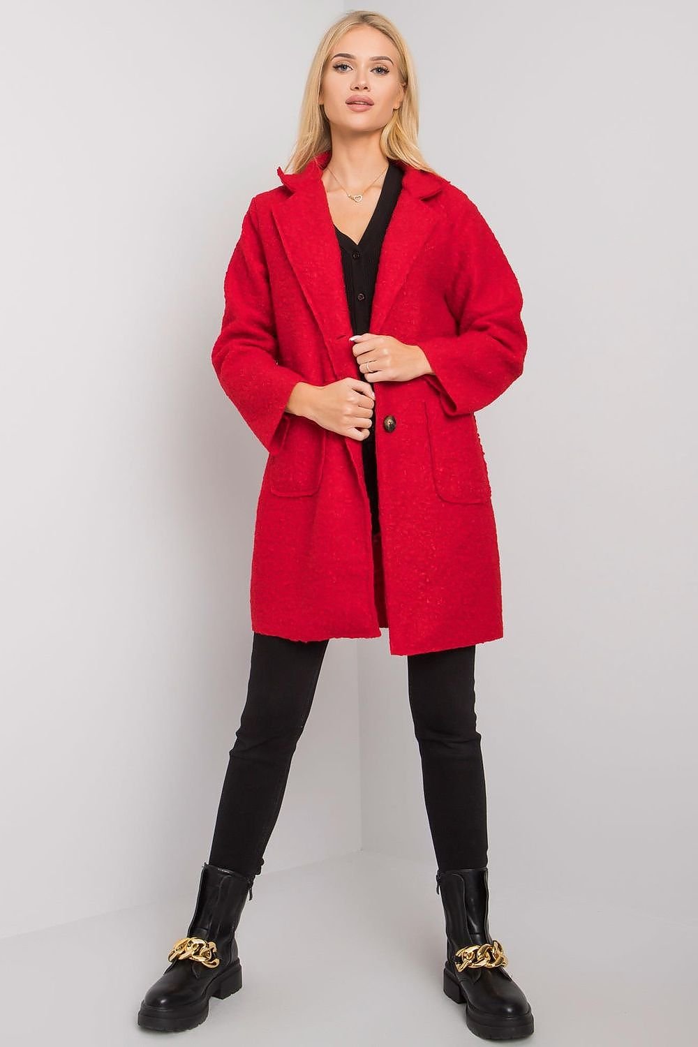 SHIRLYN Red Bouclé Coat, Button Closure & Slip Pockets