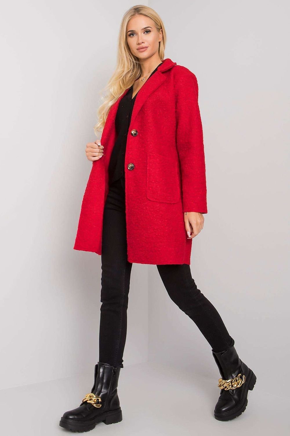 SHIRLYN Red Bouclé Coat, Button Closure & Slip Pockets