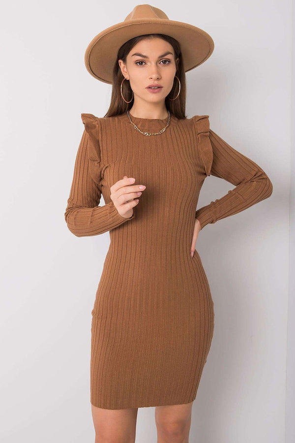 SHIRLYN Light Brown Pinstripe Dress with Ruffles - Classic Elegance