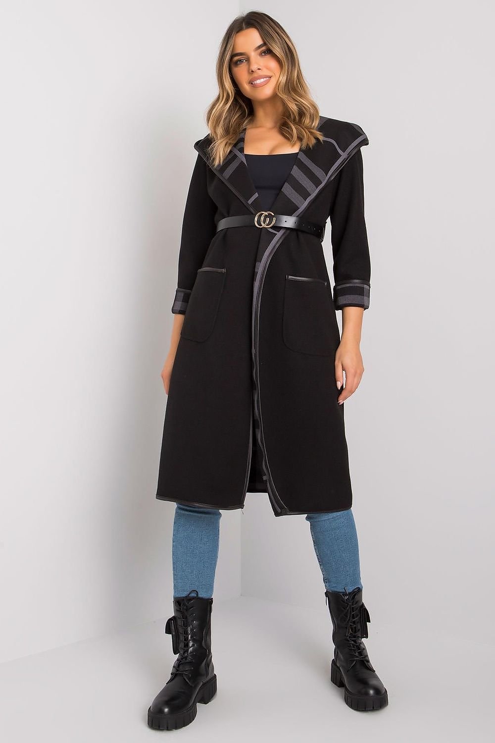 SHIRLYN Black Women's Hooded Coat - Belted with Slip Pockets