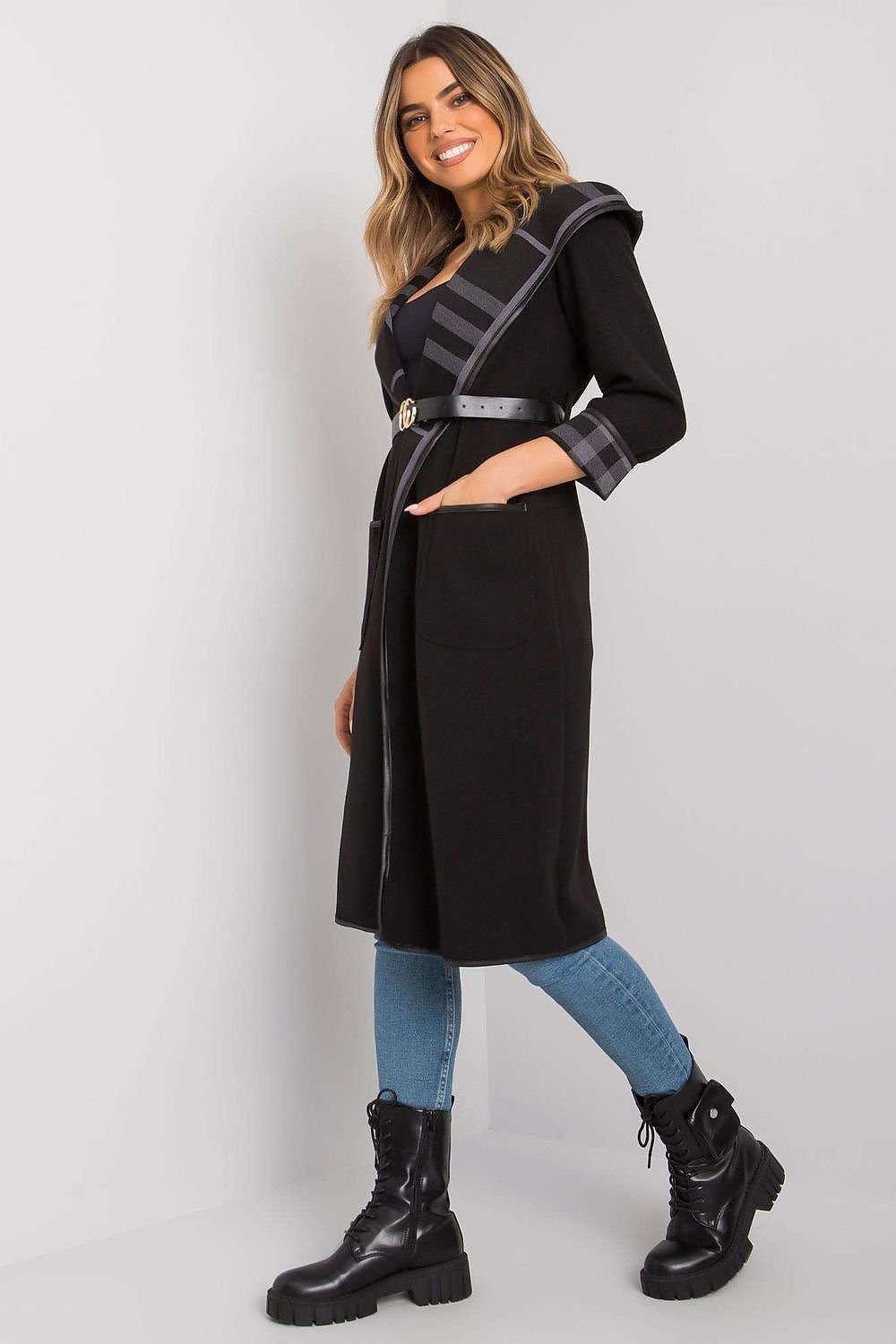 SHIRLYN Black Women's Hooded Coat - Belted with Slip Pockets