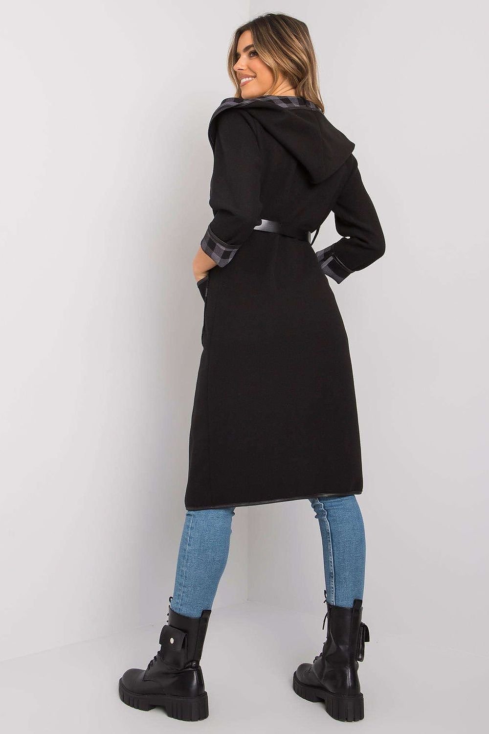 SHIRLYN Black Women's Hooded Coat - Belted with Slip Pockets