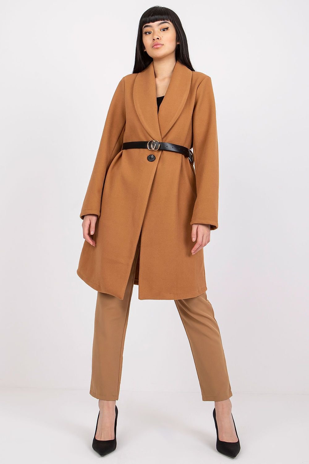 Belted Button-Closure Coat