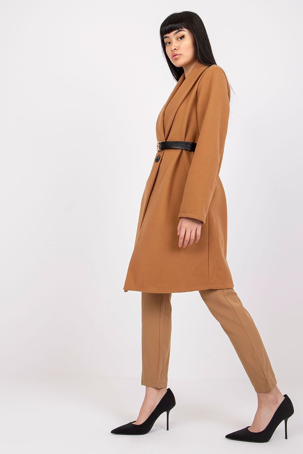 Belted Button-Closure Coat