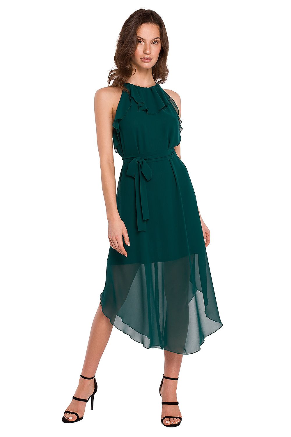 SHIRLYN Romantic Ruffle Chiffon Dress with Tie Belt