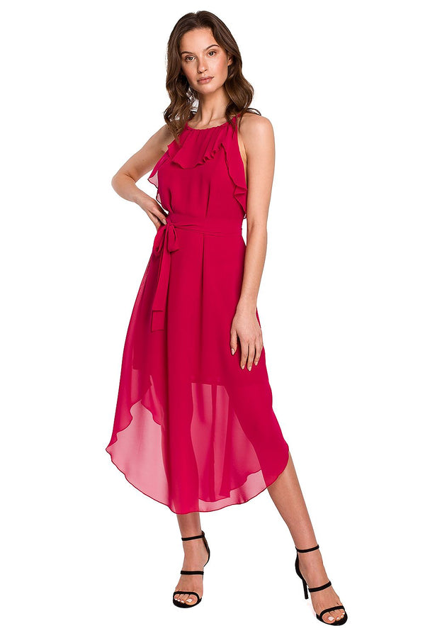 SHIRLYN Romantic Ruffle Chiffon Dress with Tie Belt