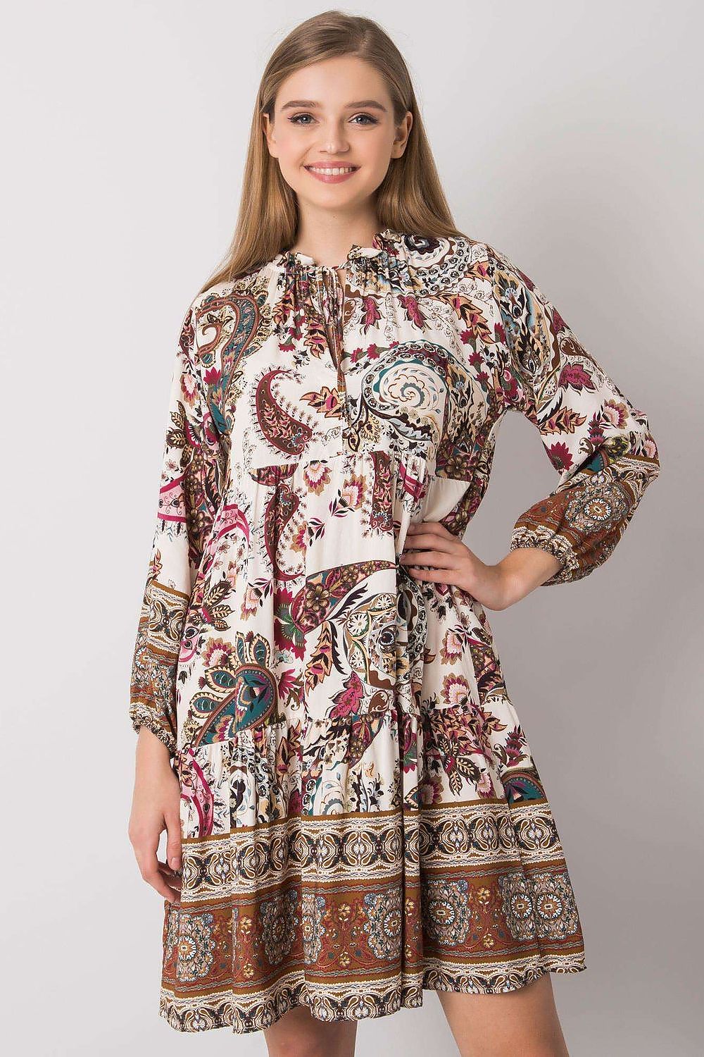 SHIRLYN Patterned Dress with Long Sleeves and Round Neckline