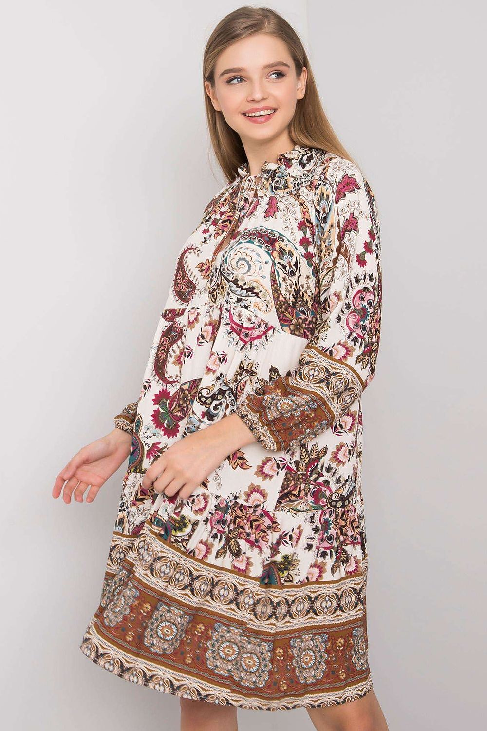 SHIRLYN Patterned Dress with Long Sleeves and Round Neckline