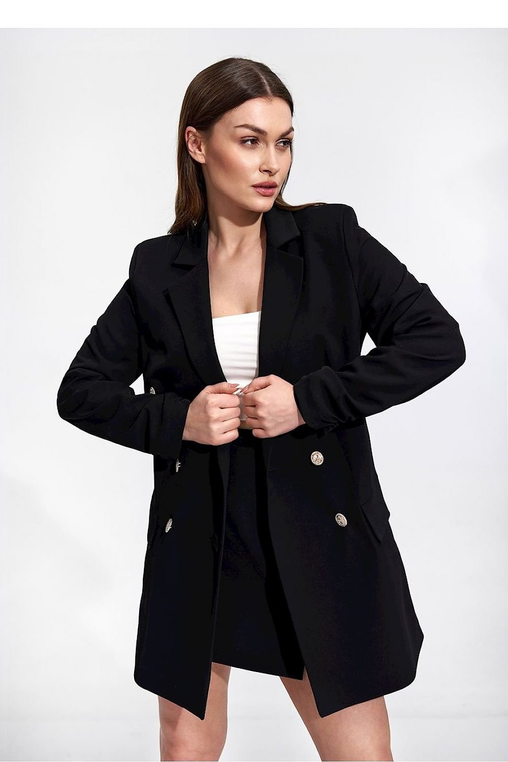 SHIRLYN Long Jacket with Double-Breasted Buttons and Flap Pockets