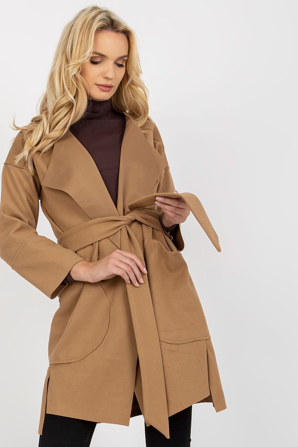 SHIRLYN Thin Women's Coat Tie Belt & Patch Pockets