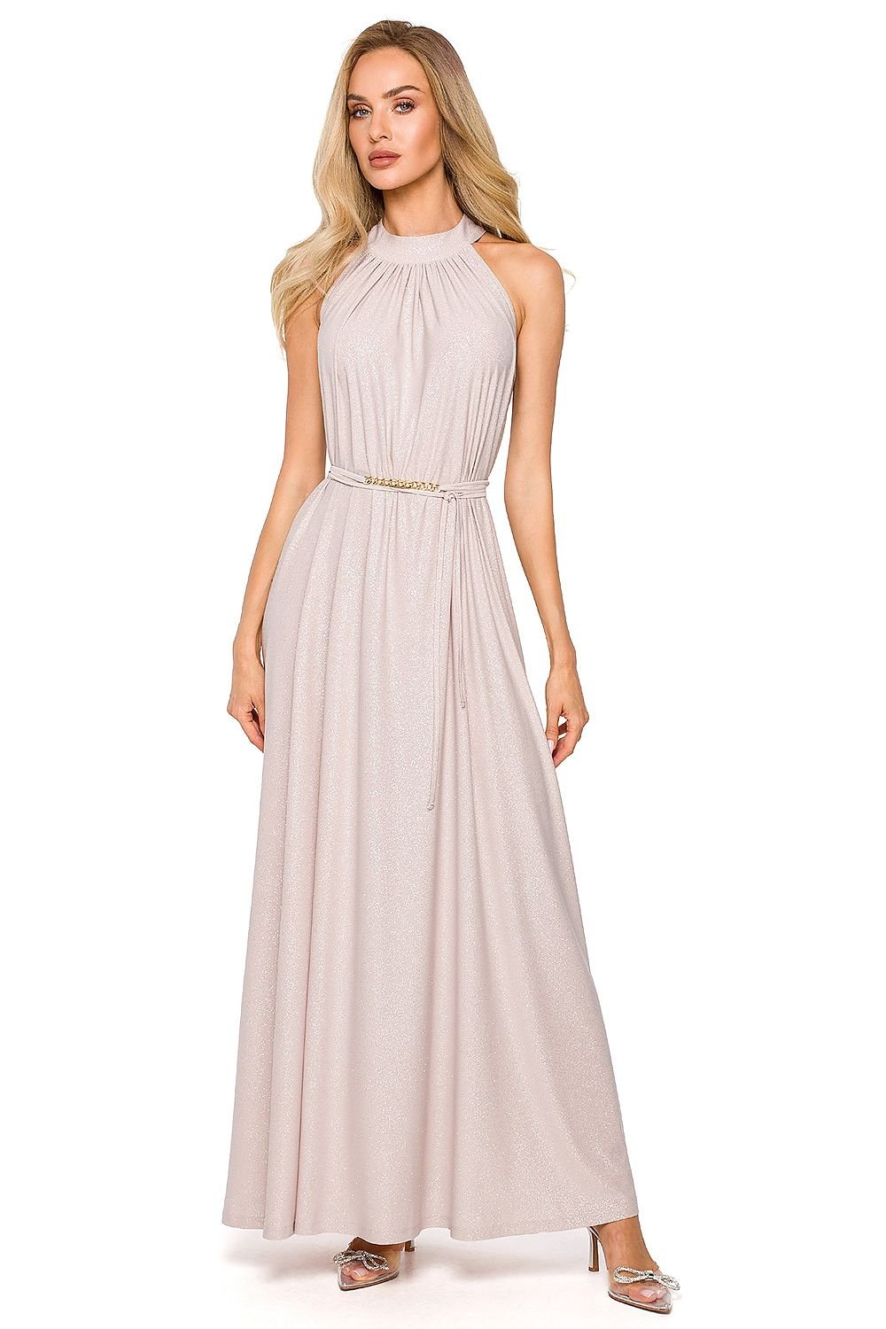 SHIRLYN Flared Maxi Dress - Halter Neckline & Tie Belt