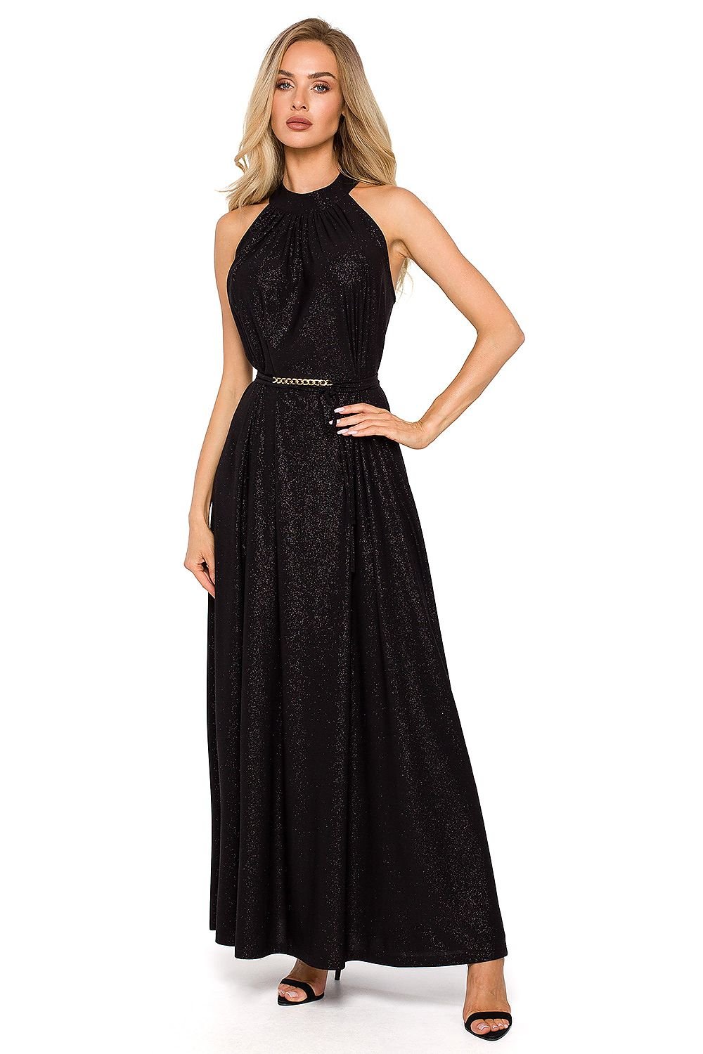 SHIRLYN Flared Maxi Dress - Halter Neckline & Tie Belt