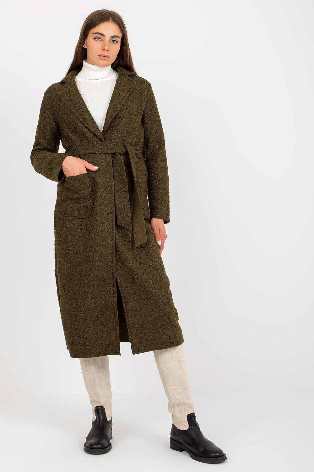 SHIRLYN Women's Coat Buttoned, Unlined with Tie Belt & Patch Pockets