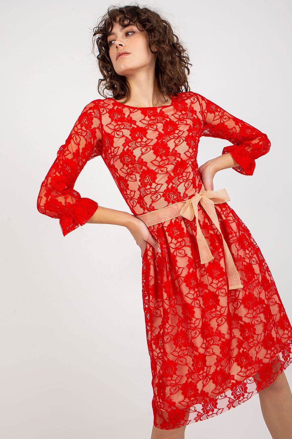 Elegant Lace Dress with 3/4 Sleeves and Sash