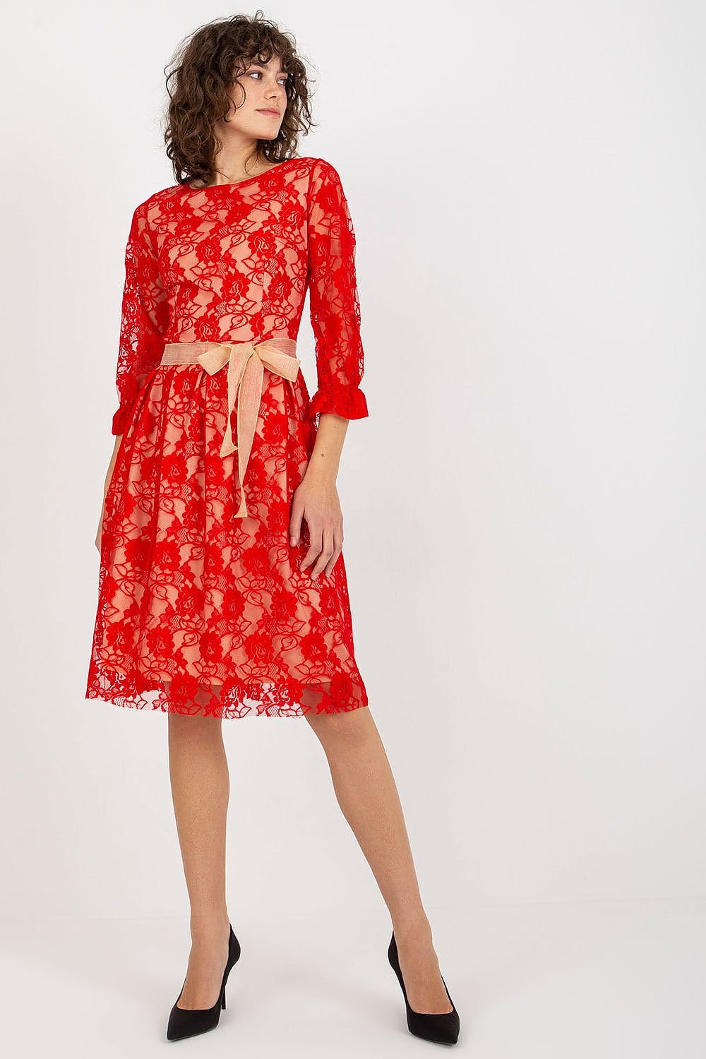 Elegant Lace Dress with 3/4 Sleeves and Sash