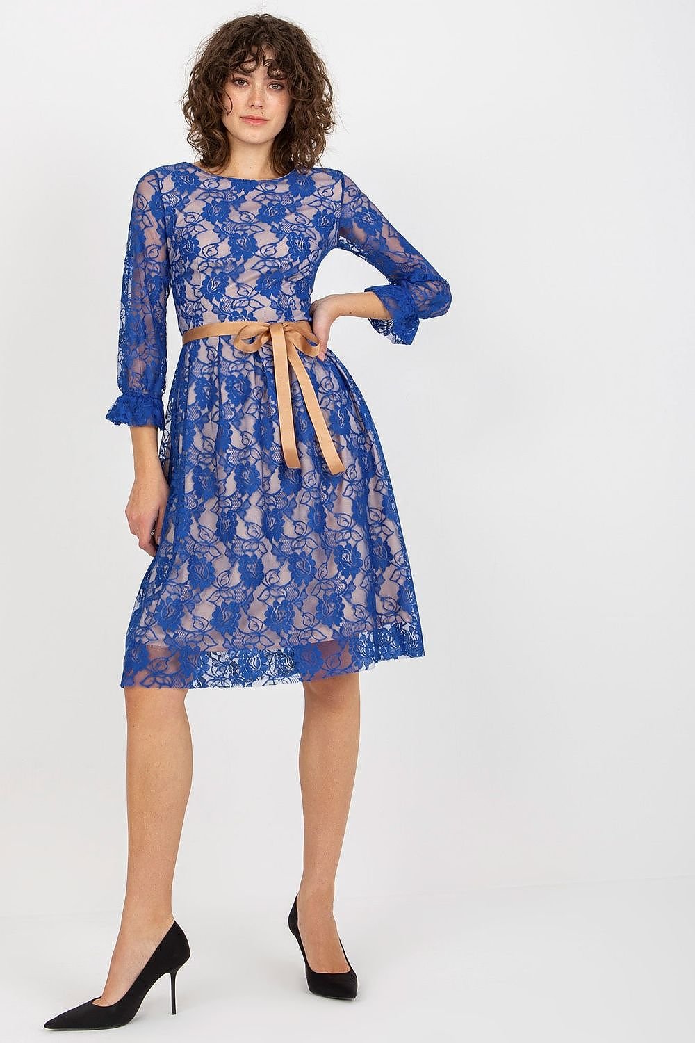 Elegant Lace Dress with 3/4 Sleeves and Sash