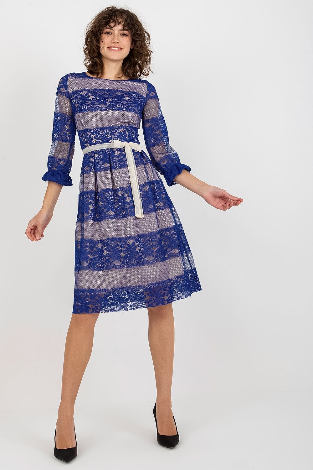 Elegant Lace Dress with 3/4 Sleeves and Sash