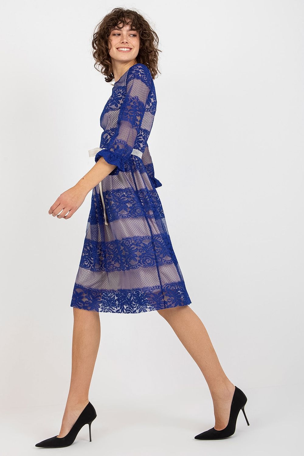 Elegant Lace Dress with 3/4 Sleeves and Sash