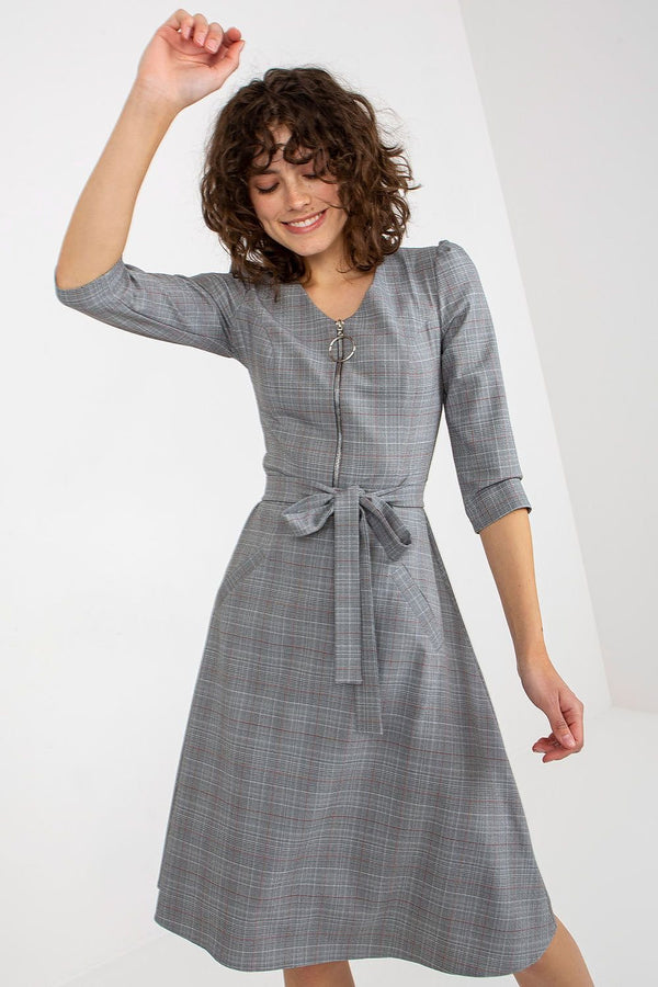 Chic Checkered Zip Dress with Tie Waist