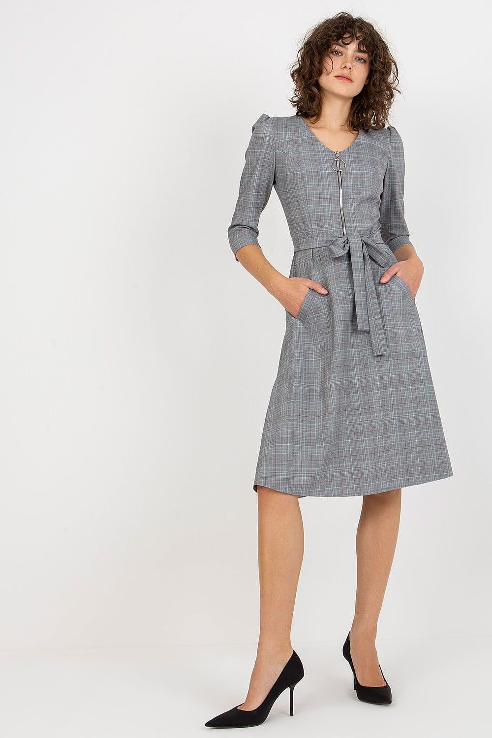 Chic Checkered Zip Dress with Tie Waist