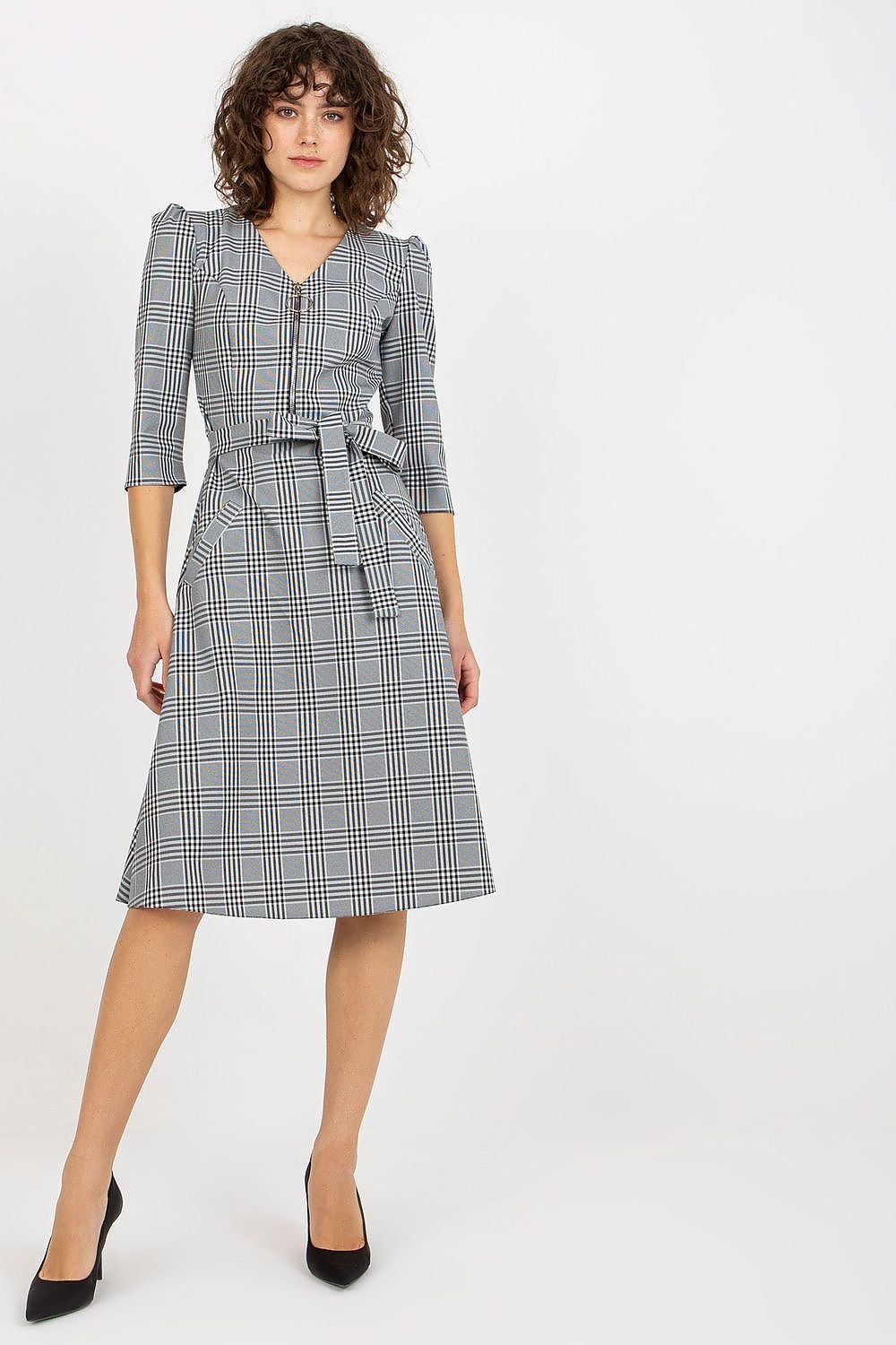 Chic Checkered Zip Dress with Tie Waist