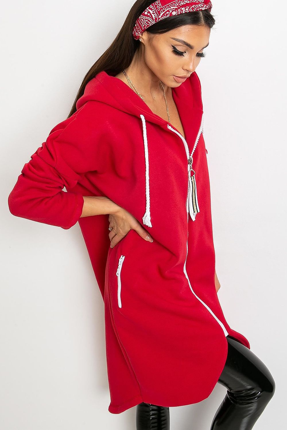 SHIRLYN Extended Cut Zip-Up Hooded Sweatshirt Stylish Comfort