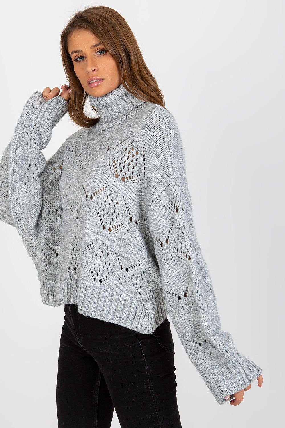 SHIRLYN Openwork Sweater with Wide Sleeves and Turtleneck