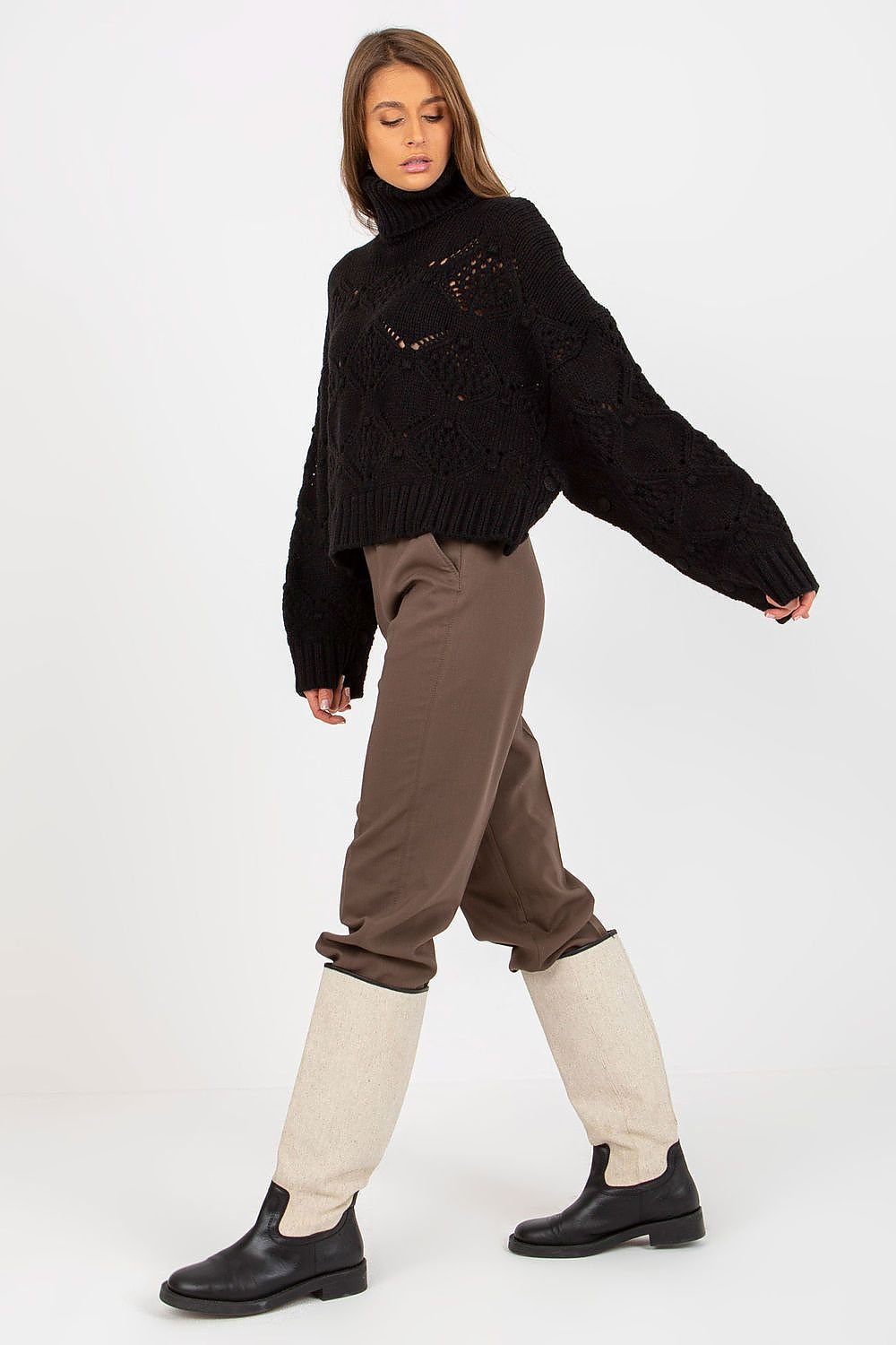 SHIRLYN Openwork Sweater with Wide Sleeves and Turtleneck