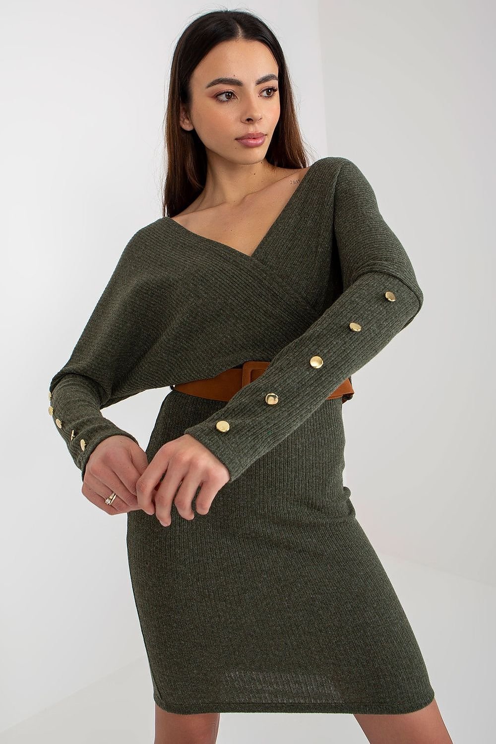 SHIRLYN Knit Pencil Dress with Envelope Neckline and Long Sleeves